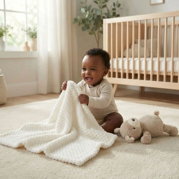 Bébé souriant tenant couverture bébé blanche douce dans chambre lumineuse.