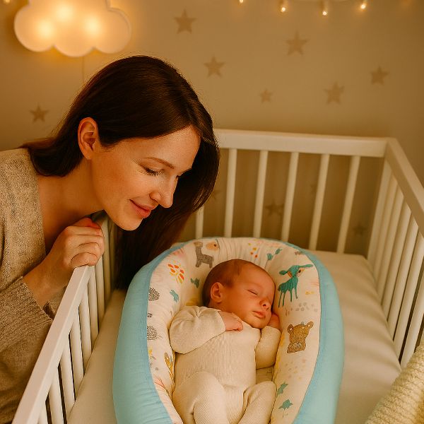 Maman observe son bébé endormi dans un réducteur turquoise, dans une chambre douce et apaisante