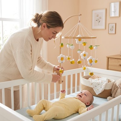 Maman souriante observant bébé profiter du mobile abeille rose.