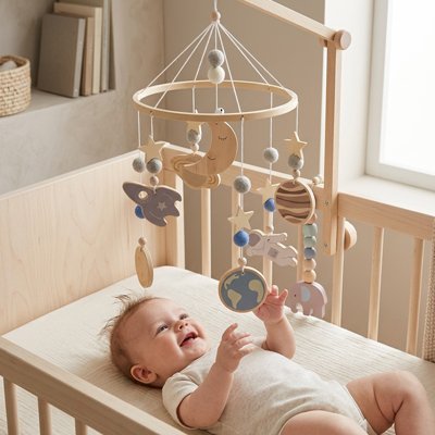 Mobile bebe espace suspendu au-dessus berceau bois bebe souriante