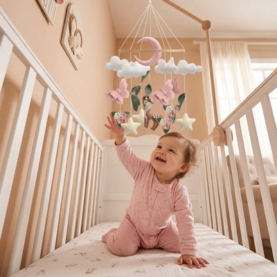 Mobile pour bébé cerf papillons roses suspendu chambre douce