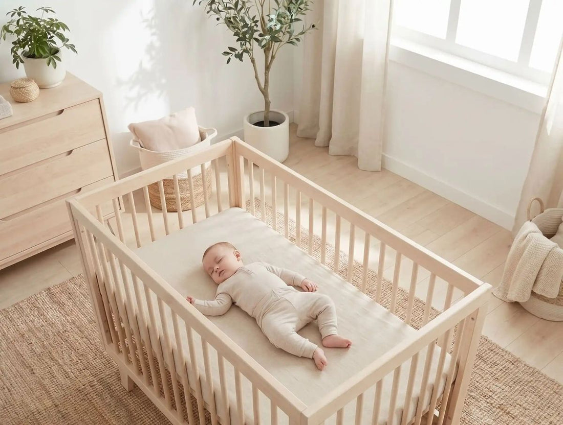 Bébé dormant paisiblement dans un berceau en bois clair, dans une chambre lumineuse et apaisante, illustrant le moment où il commence à dormir dans sa propre chambre.
