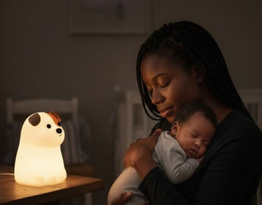Instant de douceur dans une chambre de bébé : une femme embrasse tendrement son nourrisson endormi, éclairée par une veilleuse en forme de chien.
