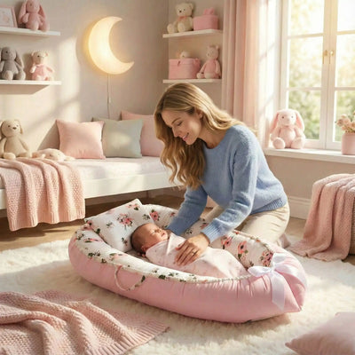 Maman veille sur bébé endormi dans réducteur de lit évolutif rosée de rêve, motifs floraux, chambre douce et lumière apaisante. 