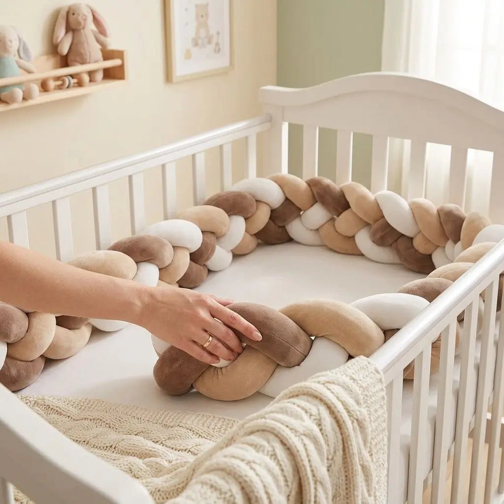 Tresse de lit bébé Caramel en corde torsadée beige et crème dans un lit blanc, douceur et sécurité pour bébé.