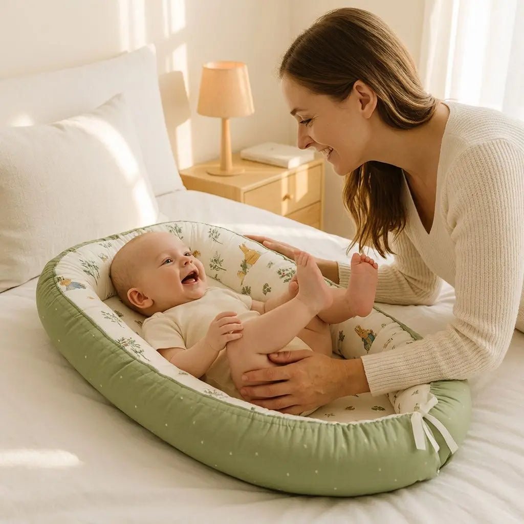 Bébé souriant dans un cocon bébé vert à motifs floraux, allongé sur un lit, tandis que sa maman lui caresse doucement les pieds.
