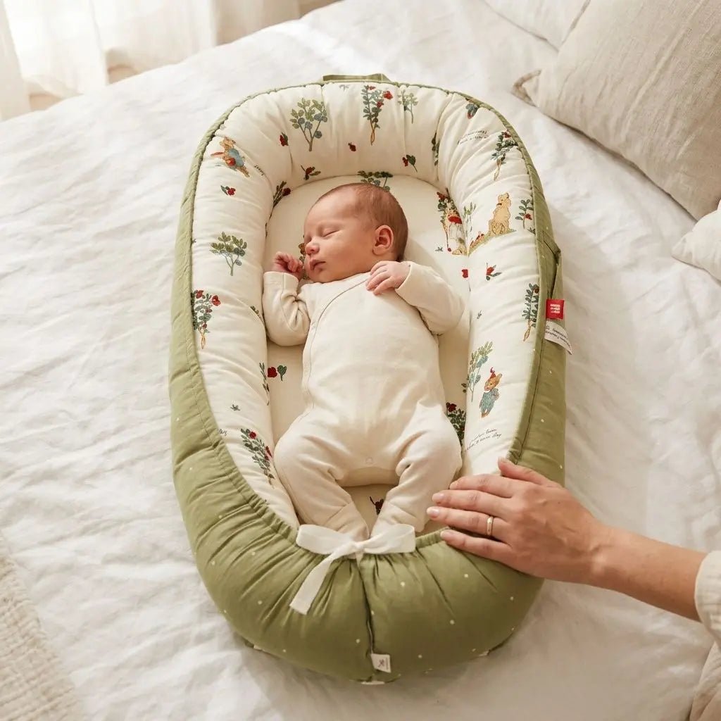 Bébé endormi dans un cocon de maternité vert, paisiblement installé sur le lit.