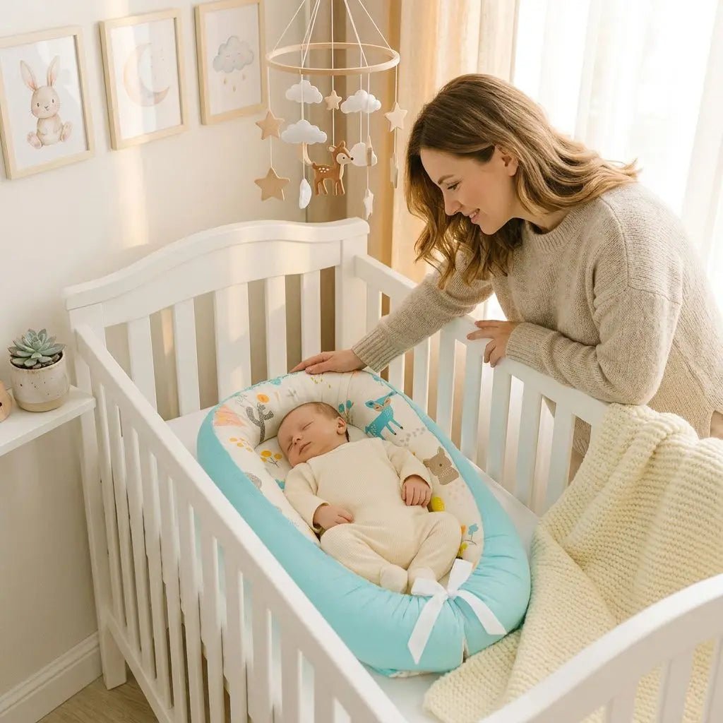 Réducteur de lit évolutif dans un lit à barreaux blanc, bébé dormant, jeune mère à côté. 