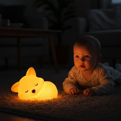 Bébé allongé, émerveillé par une veilleuse renard lumineuse et paisible.
