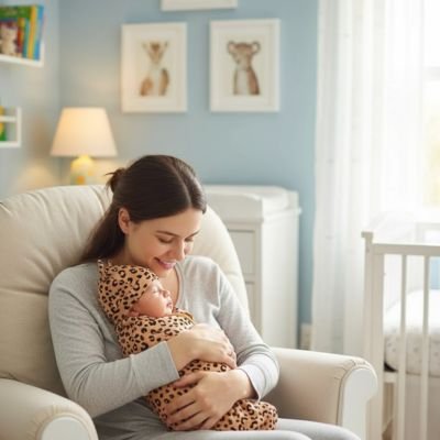 Bébé dans les bras enveloppé couverture emmaillotage léopard dans nursery lumineuse.