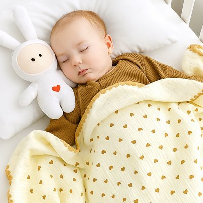 Bébé dormant paisiblement avec couverture bebe jaune motifs cœurs doux.