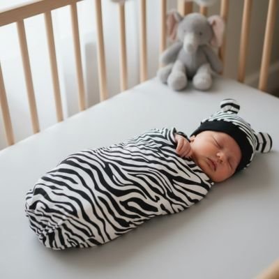 Bébé dormant paisiblement enveloppé couverture emmaillotage zèbre dans son lit.