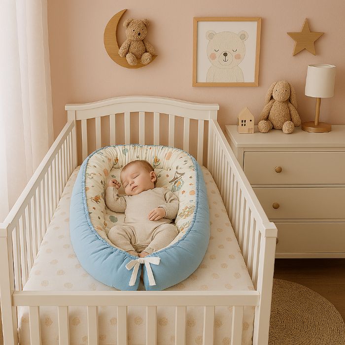 Bébé endormi dans réducteur de lit bleu pastel thème carnaval doux