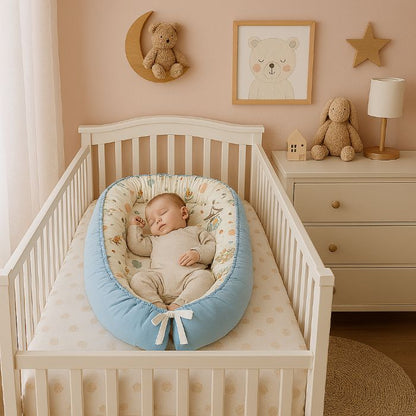 Bébé endormi dans réducteur de lit bleu pastel thème carnaval doux
