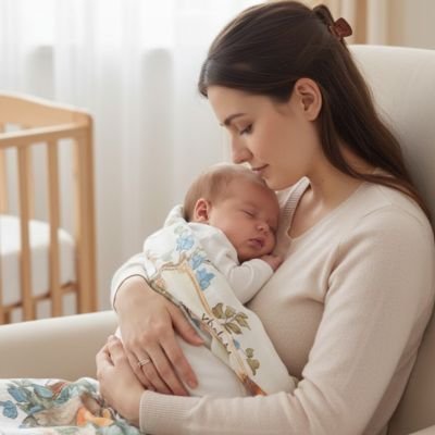 Bébé endormi dans une couverture bébé fleurie, bras parentaux, lumière naturelle apaisante.