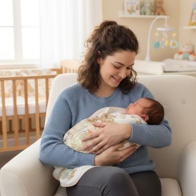 Bébé enveloppé dans une couverture bébé, bras parentaux, chambre douce et bien éclairée.