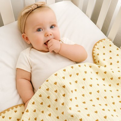 Bébé éveillé dans berceau avec couverture bebe jaune à cœurs.