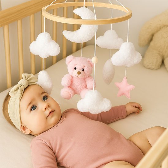 Bébé observant mobile bébé ourson rose nuage lune cercle bois.