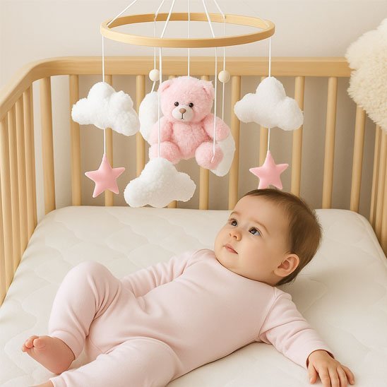 Bébé regardant mobile bébé rose avec étoiles nuages suspendus.