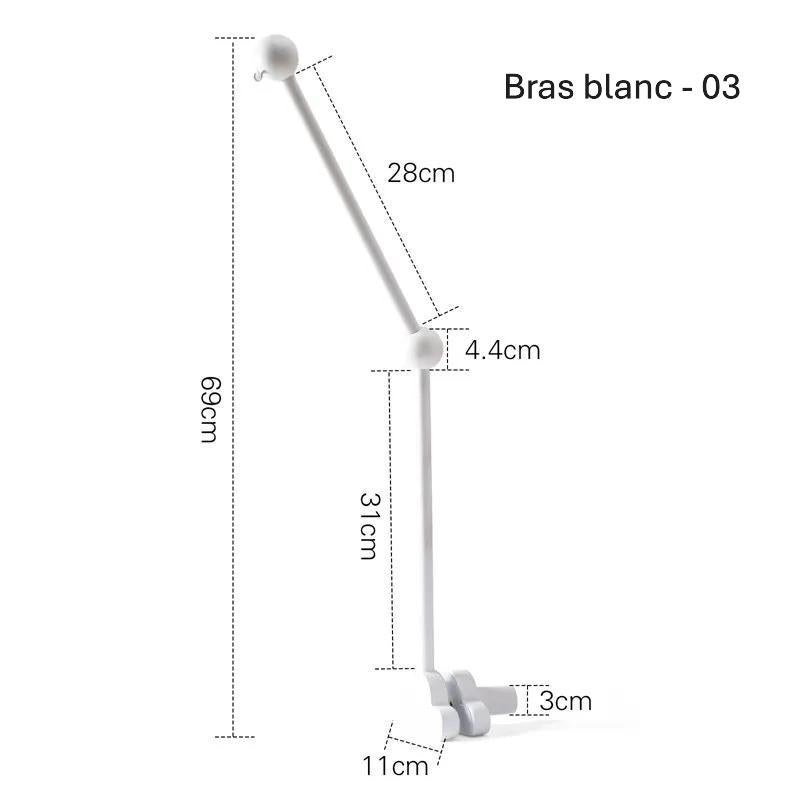 Bras pour mobile bébé blanc articulé avec dimensions visibles clairement numéro trois