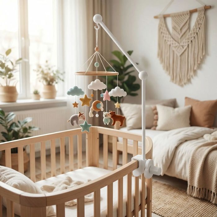 Bras pour mobile bébé blanc avec mobile suspendu dans chambre douce.