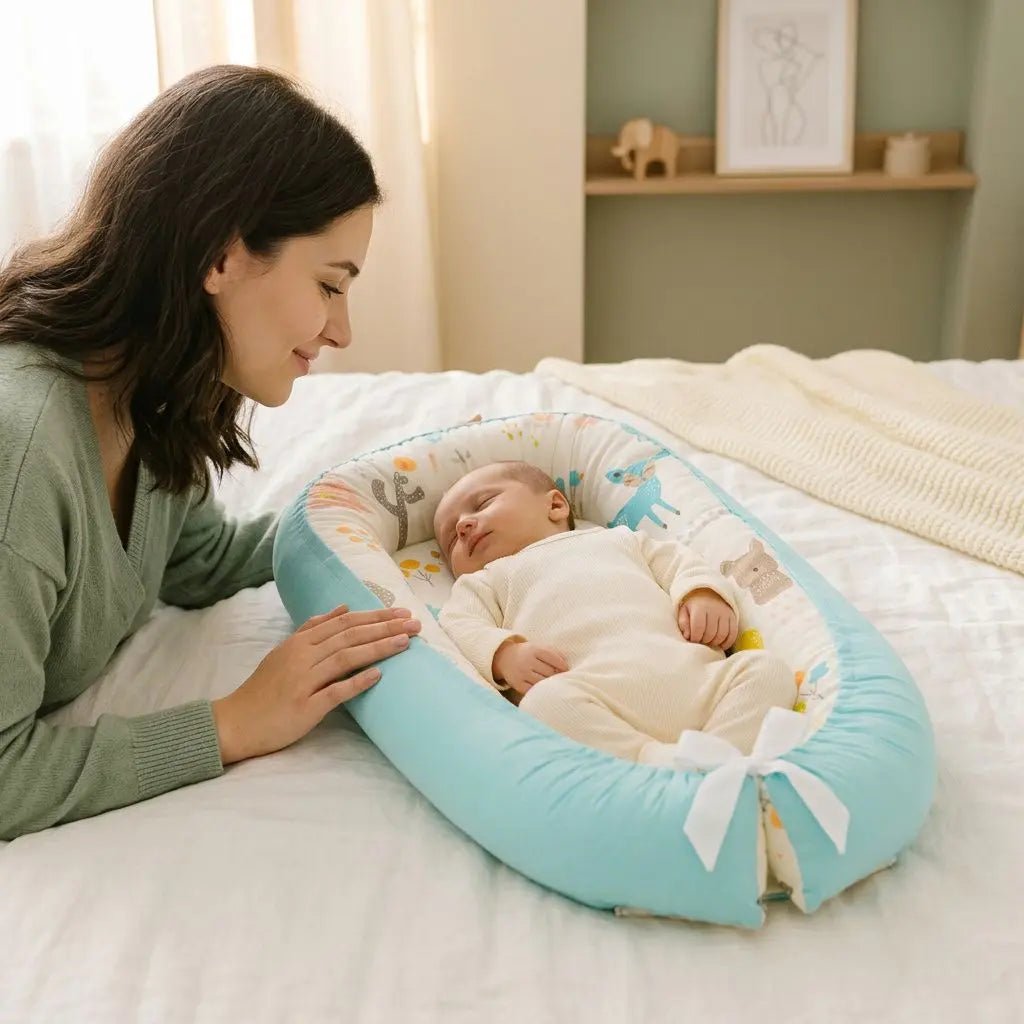 Mère souriante penche vers son bébé installé dans un réducteur de lit évolutif bleu clair. 