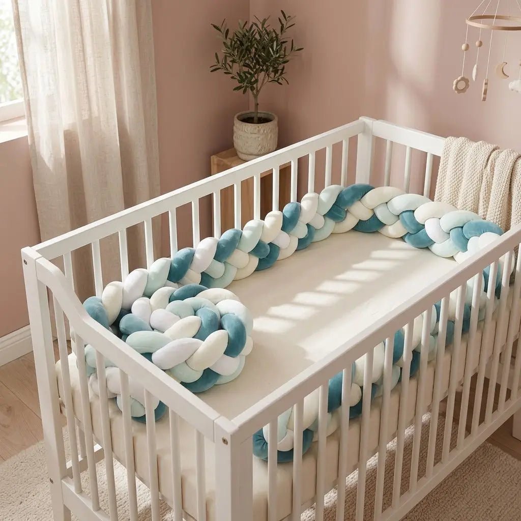 Tresse de lit bébé bleu royal et menthe en 4 brins disposée autour du lit blanc pour bébé.
