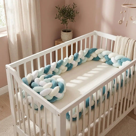 Tresse de lit bébé bleu royal et menthe en 4 brins disposée autour du lit blanc pour bébé.