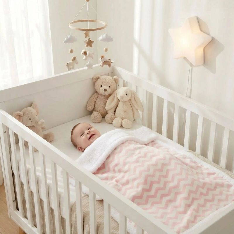 Bébé paisible, couverture douce, peluches et mobile étoilé suspendu
