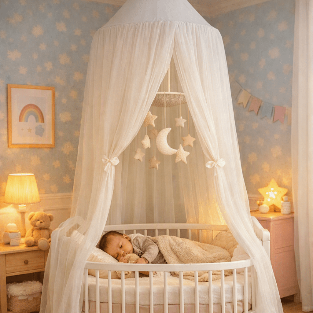 Ciel de lit bébé blanc, berceau douce, bébé dormant paisiblement.