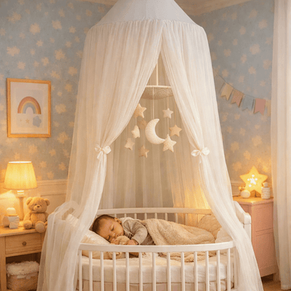 Ciel de lit bébé blanc, berceau douce, bébé dormant paisiblement.