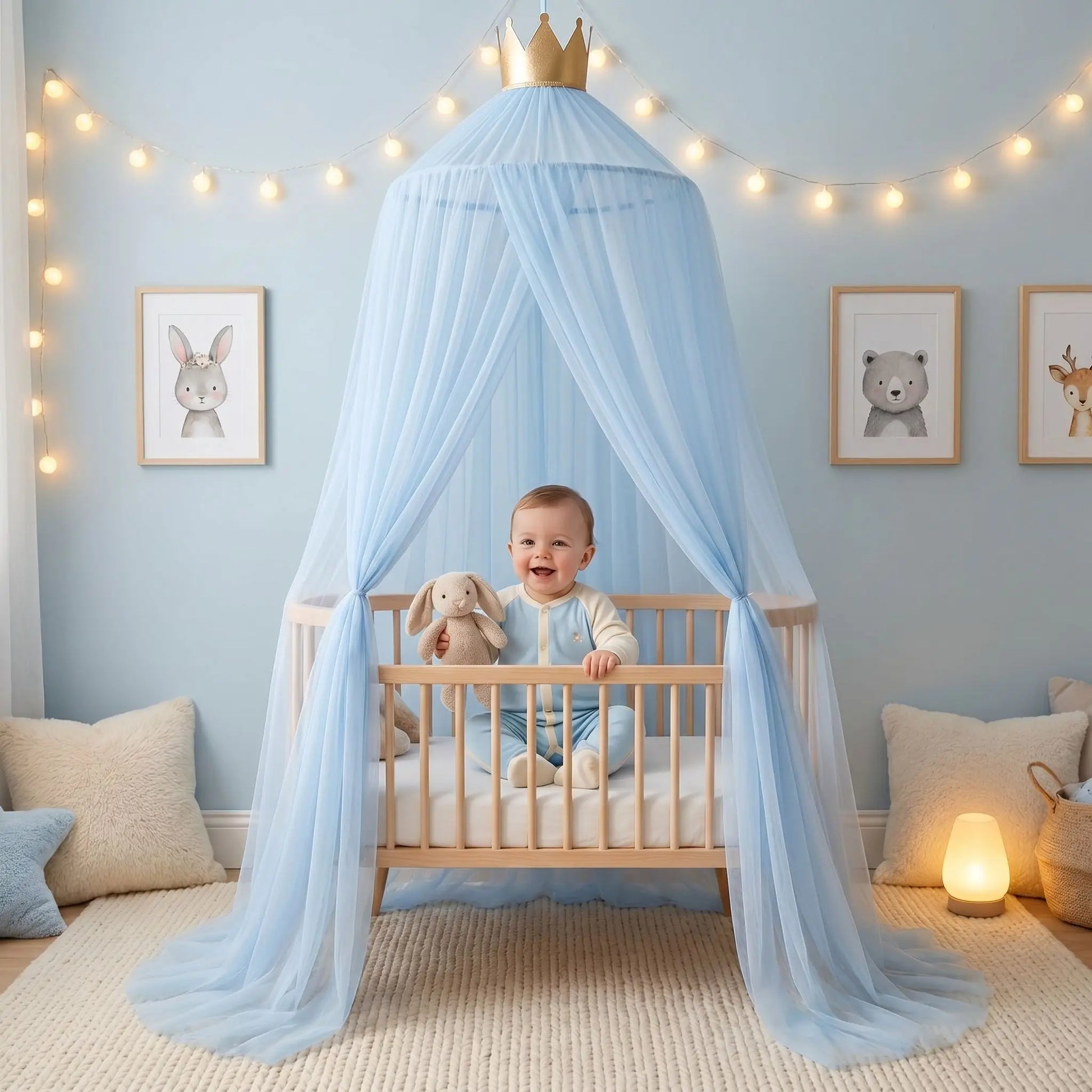 Bébé assis dans berceau sous le ciel de lit bleu, jouant avec un doudou dans un décor pastel.