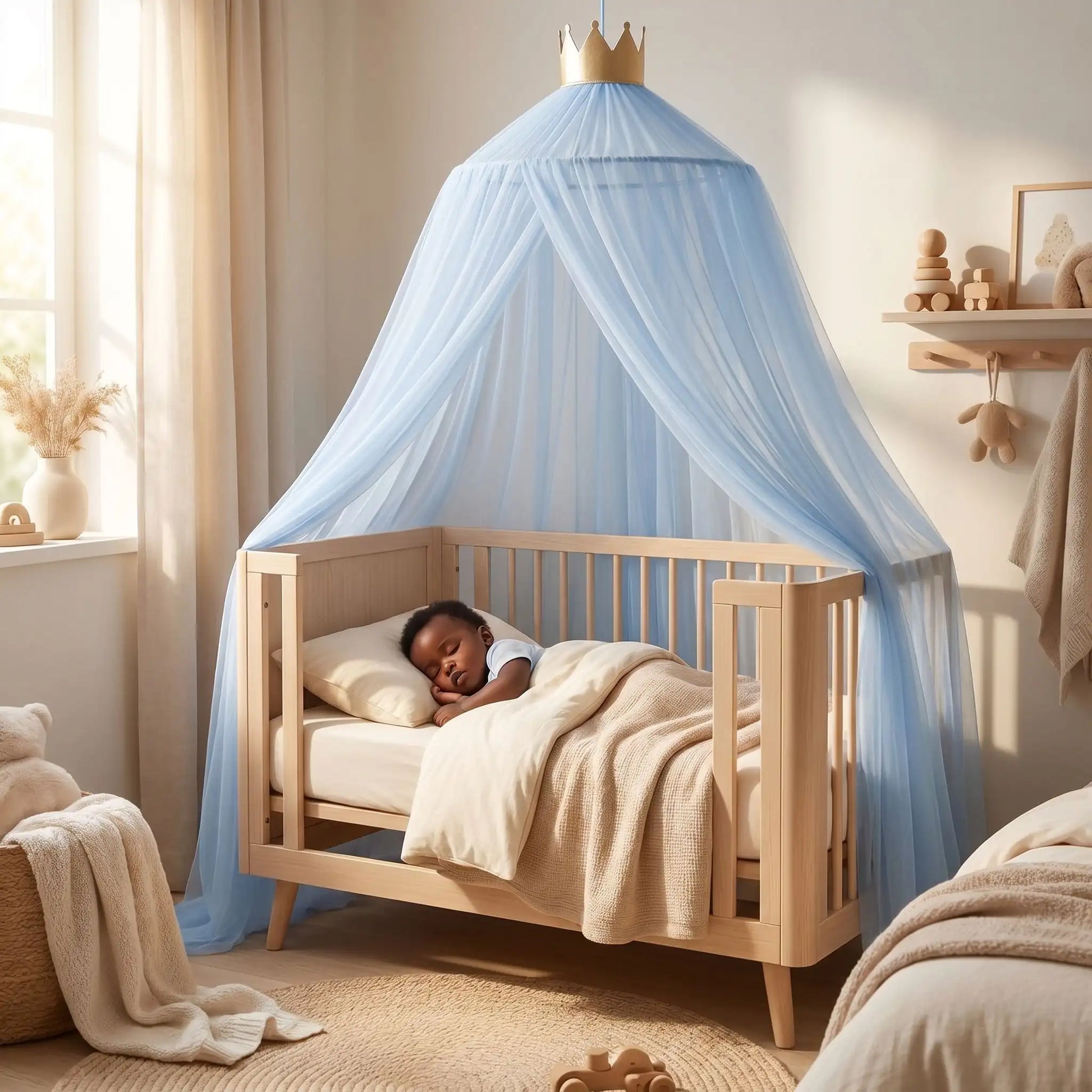 Ciel de lit bleu avec couronne dorée au‑dessus d’une berceau en bois où un bébé dort paisiblement.
