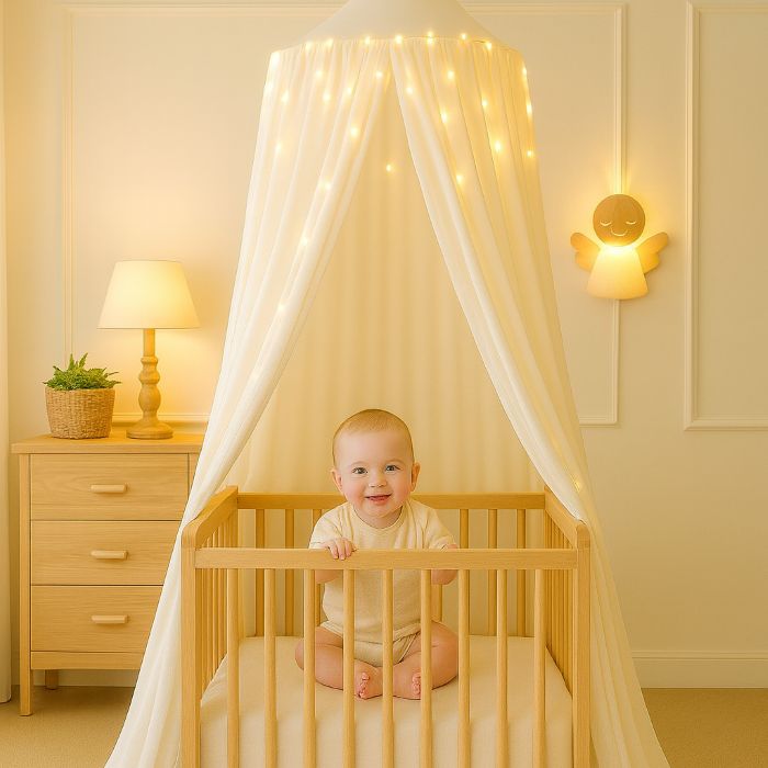 Ciel de lit blanc pour bébé décoré de guirlandes lumineuses féeriques, créant une ambiance douce et magique dans une chambre. 
