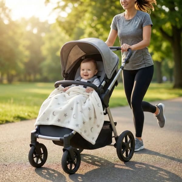 Bébé en poussette couvert d’une couverture bebe crème avec étoiles et lunes brodées pendant une sortie