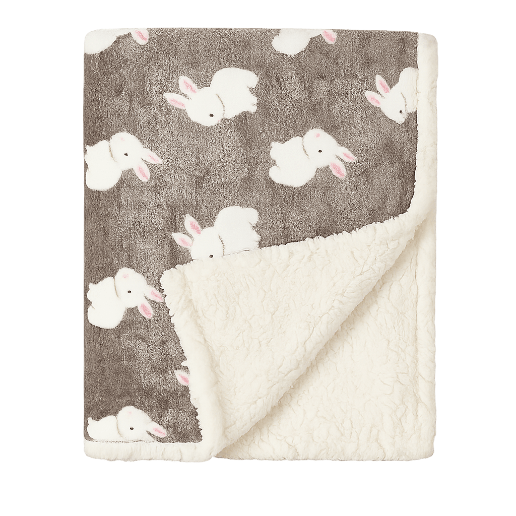Couverture bébé lapin blanc, fond gris, intérieur sherpa moelleux.