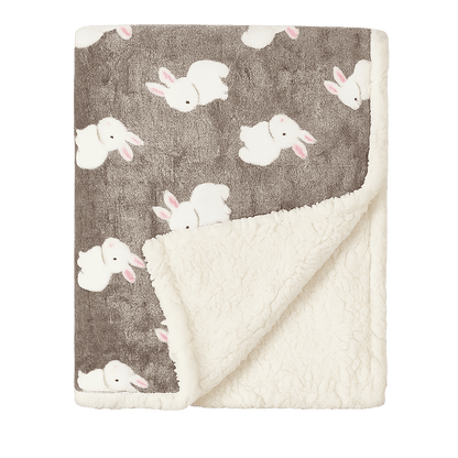 Couverture bébé lapin blanc, fond gris, intérieur sherpa moelleux.