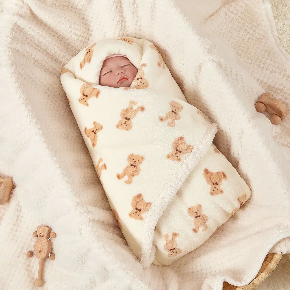  Bébé allongé sous couverture bébé ourson, ambiance douce et chaleureuse.