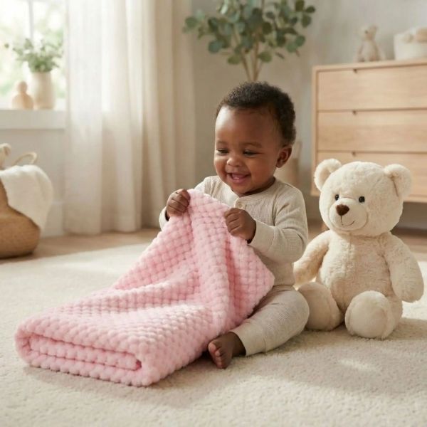 Bébé assis jouant avec couverture bébé rose douce dans chambre chaleureuse.