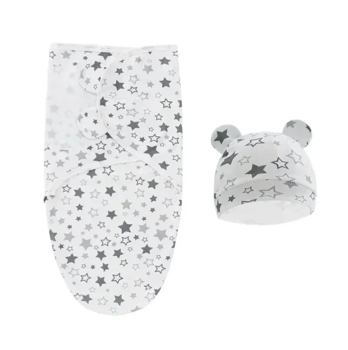 Couverture d'emmaillotage étoiles gris avec bonnet assorti oreilles adorables.