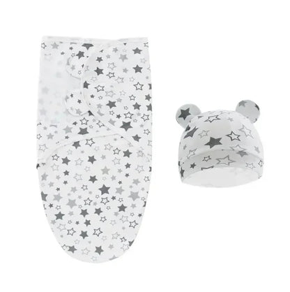 Couverture d'emmaillotage étoiles gris avec bonnet assorti oreilles adorables.