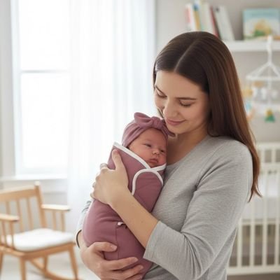 Couverture d’emmaillotage rose bébé endormi tenu tendrement dans nursery.