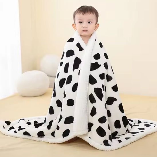 Enfant debout enveloppé dans couverture bébé blanche à motifs vache noirs, ambiance douce.