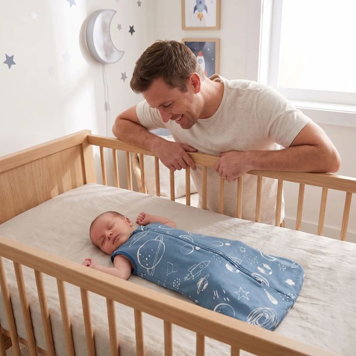 Père observant son bébé dormant dans une gigoteuse bleue céleste.