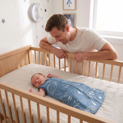 Père observant son bébé dormant dans une gigoteuse bleue céleste.