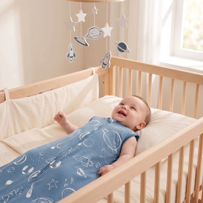 Bébé souriant dans une gigoteuse bleue sans manches à motifs célestes.