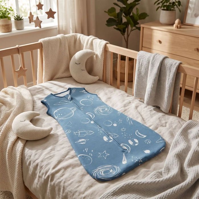 Gigoteuse bleue à motifs célestes posée dans un lit de bébé.