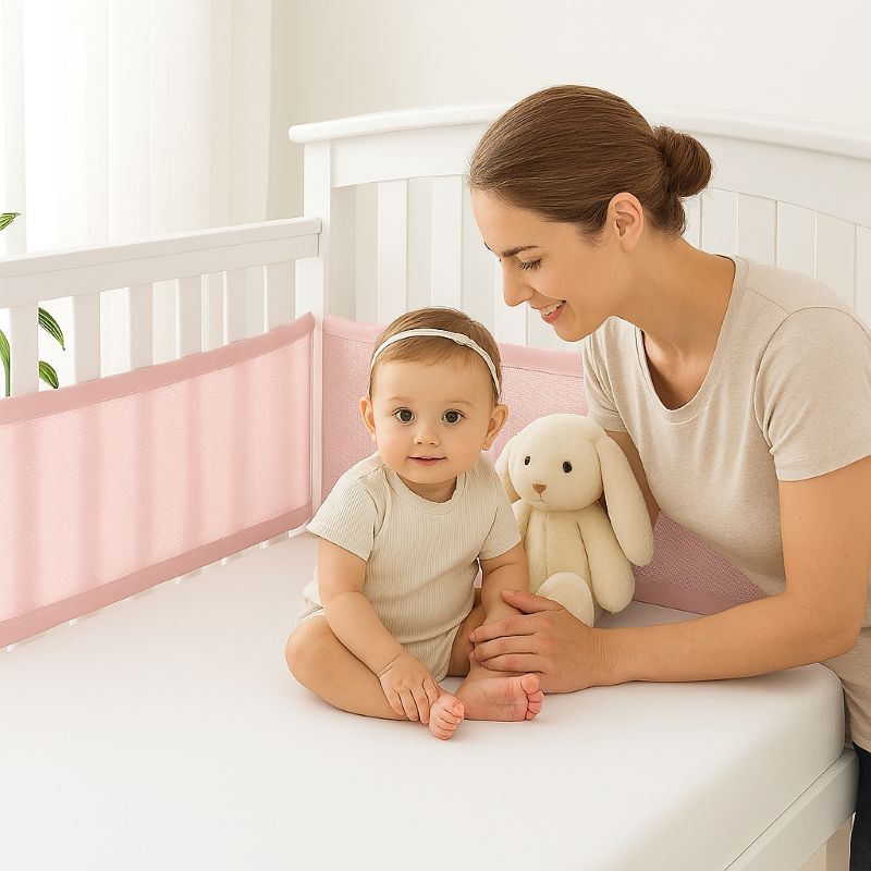 Maman touche bébé dans berceau blanc avec tour de lit respirant rose