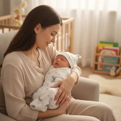 Maman berçant bébé enveloppé couverture emmaillotage grise.