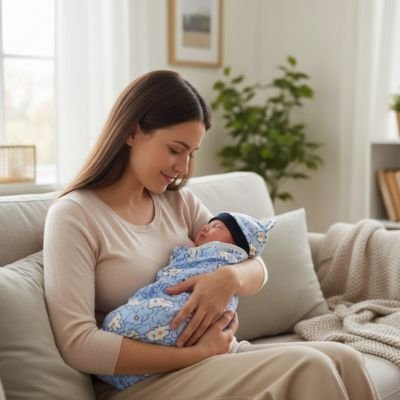 Maman tenant avec amour son bébé enveloppé couverture emmaillotage bleue.